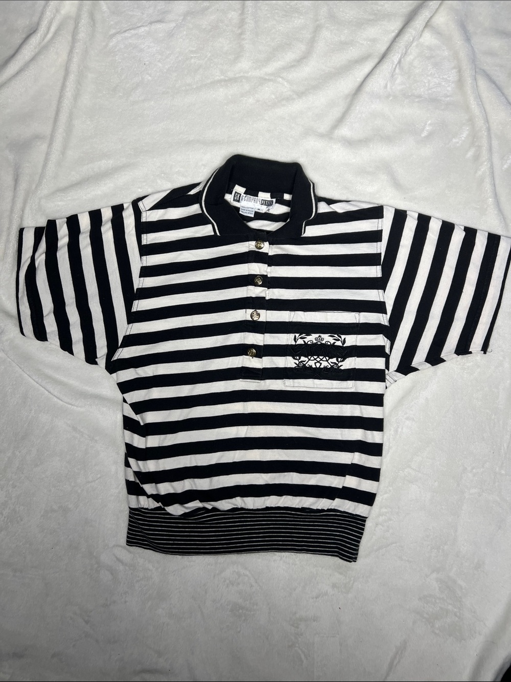 Black & White Striped Polo Top with Pocket Detail